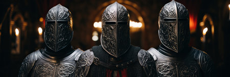 Three knights clad in intricately designed armor stand resolute in a majestic hall filled with dim light. Their expressions concealed, the atmosphere resonates with tension and anticipation.の素材