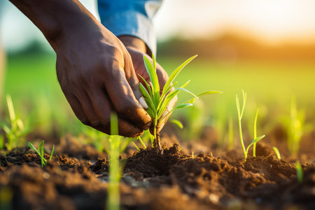 A gardener carefully places a young seedling into the rich soil, surrounded by lush green grass under a golden sunrise, showcasing the beauty of nature and new beginnings.の素材
