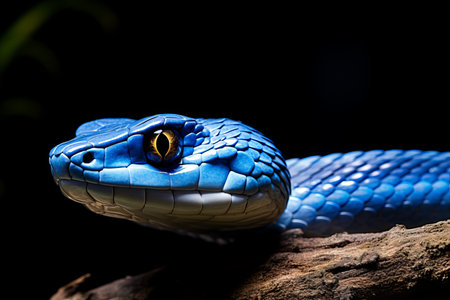 A striking blue snake lounges gracefully on a textured branch, its glossy scales shimmering in low light. Its golden eye glints with curiosity, showcasing nature's beauty and elegance.の素材