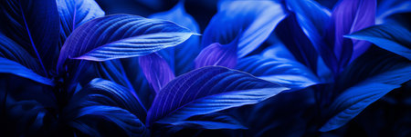 Lush foliage glows in deep blue hues, highlighting intricate textures and shapes of each leaf. The ambiance invites tranquility, creating a serene escape in nature's beauty.の素材