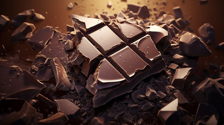 Rich dark chocolate lies fragmented on a warm surface, showcasing its silky texture and deep color. The broken pieces reflect light, enhancing its allure, inviting a sweet moment of indulgence.の素材