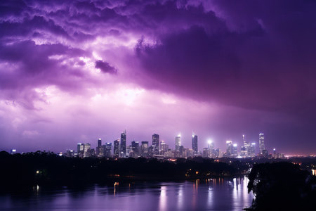 Lightning illuminates the skyline as dark purple clouds gather above the city at twilight. Reflective waters mirror the electrifying display, creating a breathtaking urban landscape.の素材