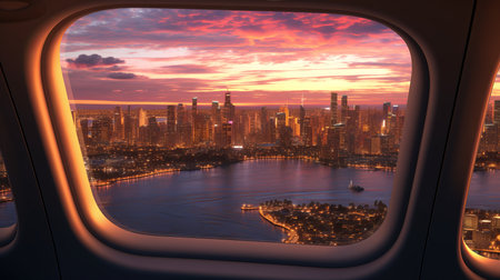 A stunning twilight view of a bustling city skyline is framed by the airplane window. The vibrant sunset colors reflect on the water, creating a magical atmosphere of travel.の素材
