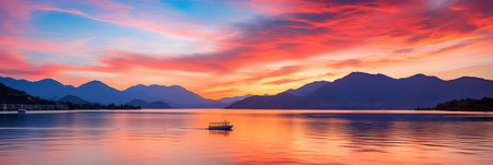 As the sun sets, vivid hues of orange and purple illuminate the serene lake, reflecting the majestic mountains while a small boat gently glides across the calm waters in the twilight.の素材