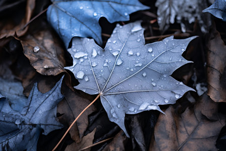 Dewdrops cling to a vibrant blue leaf among a tapestry of dark, earthy foliage, evoking tranquility in the stillness of the forest after a rainfall, capturing nature's subtle beauty.の素材