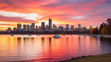 A breathtaking sunset paints the sky with shades of orange, pink, and purple, reflecting on tranquil waters. The city skyline stands tall, adorned by the soft glow of evening lights.の素材