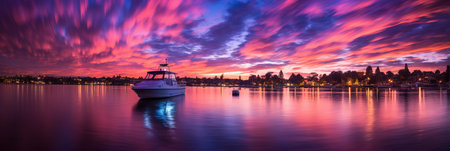 A stunning sunset paints the sky with deep purples and vibrant pinks, reflecting beautifully on calm waters. A yacht is peacefully anchored, surrounded by a serene waterfront landscape.の素材
