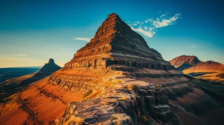 Deep shadows and rich earth tones blend as the sun sets behind an imposing mountain. Layers of rock create a stunning pattern, inviting exploration in this serene landscape at dusk.の素材