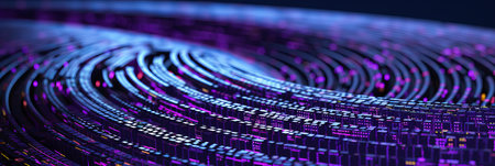 Colors swirl in a mesmerizing dance of purple and blue hues, representing digital streams flowing smoothly through a futuristic landscape. The vibrant lines convey energy and movement, creating depth.の素材