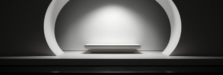 A sleek white platform is illuminated in a dimly lit modern interior. The gentle curves of the backdrop create a calm atmosphere, perfect for showcasing art or design pieces.の素材