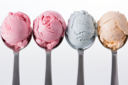 Four vibrant scoops of ice cream rest in polished metal spoons, showcasing a delightful array of flavors. The bright reds, blues, and creamy hues evoke feelings of joy and indulgence.の素材