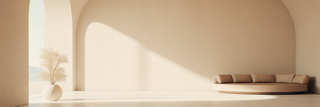 A spacious, uncluttered interior showcases gentle curves and neutral tones. Sunlight filters in through large arches, illuminating a serene atmosphere perfect for relaxation.の素材