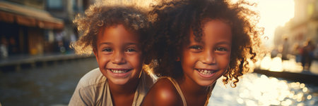 Two cheerful siblings share a moment of joy by the water, their bright smiles lighting up the tranquil atmosphere as the sun sets, casting a warm glow around them.の素材