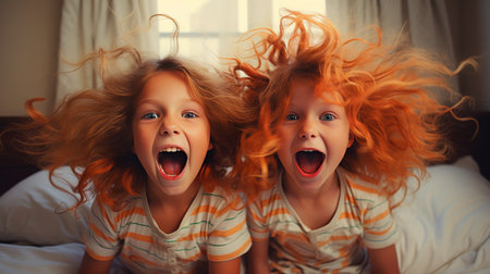 Two cheerful twin girls with vibrant, curly hair express pure joy while jumping on a cozy bed. Their playful energy fills the bright room, creating a delightful atmosphere of childhood happiness.の素材
