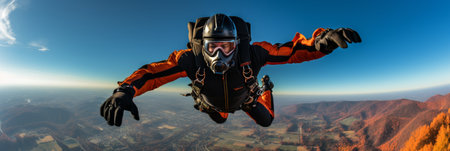 A daring skydiver in an orange jumpsuit soars gracefully through the crisp autumn sky, vibrant foliage below catching the golden sunset light, creating a breathtaking view of nature's beauty.の素材