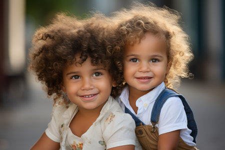 Two delightful kids, one with a vibrant floral shirt and the other in overalls, radiate happiness in a warmly lit street. Their playful expressions light up the atmosphere around them.の素材