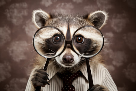 This charming raccoon, dressed in a shirt and tie, peers through large glasses with a curious expression. The playful setting highlights its adorable features and intelligence.の素材