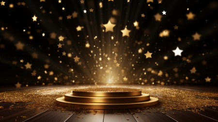 A dazzling golden stage shines brightly, surrounded by a burst of sparkling stars.の素材