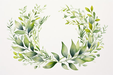 Lush leaves intertwine in a graceful arrangement, showcasing various shades of green. Each leaf plays a role in creating an organic, nature-inspired wreath design that brings tranquility.の素材