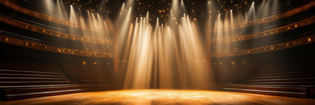 Bright beams of light cascade onto an empty stage, inviting talent and artistry. The grand theater awaits its next performance, filled with anticipation and dreams.の素材