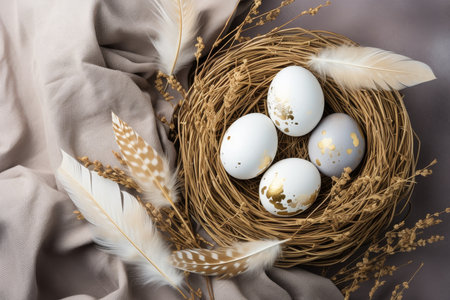 A cozy nest holds four beautifully adorned eggs, featuring golden accents, resting on soft fabric. Surrounding feathers and dried flowers add a touch of elegance to this serene setting.の素材