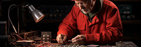 An experienced technician diligently repairs classic electronic gadgets on a cluttered workbench. Warm light highlights intricate circuits and tools as he focuses on his craft in an intimate setting.の素材