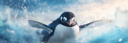 A lively penguin dives through crashing waves, showcasing its agility and energy. The water sparkles under the sunlight, creating an enchanting atmosphere, highlighting the bird's playful spirit.の素材