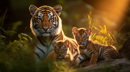 In a serene jungle setting, a proud mother tiger rests with her two playful cubs. The golden rays of twilight filter through the foliage, illuminating their vibrant orange fur.の素材