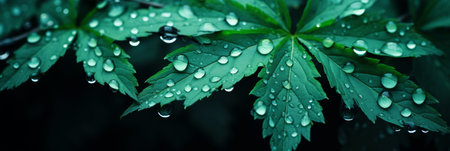 Fresh droplets cling to lush green leaves, shimmering in the soft light of a post-rain afternoon, bringing a sense of calm and renewal to the serene natural setting.の素材
