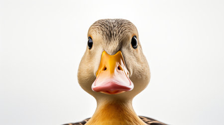 A beautifully captured duck displays its unique features against a neutral background, drawing attention to its vibrant plumage and curious gaze, showcasing nature's artistry in detail.の素材
