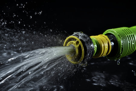 A bright garden hose releases a jet of water, sparkling in the light against a dark backdrop. This moment captures the refreshing spirit of summer, perfect for gardening or outdoor activities.の素材