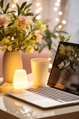 A serene workspace features a laptop, a glowing candle, and a warm cup, accompanied by a floral arrangement. Soft lights create a tranquil atmosphere, perfect for creativity and focus.の素材