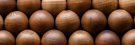 Elegant hand-turned wooden spheres are meticulously arranged on a workbench in a sunlit workshop. The natural wood grain showcases the beauty of craftsmanship and dedication to detail.の素材