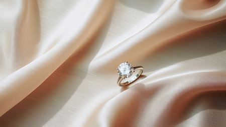 Elegant solitaire diamond ring resting on luxurious satin fabric. Generative AIの写真素材