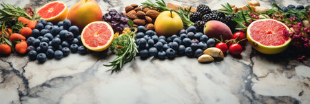 Vibrant organic food spread on a marble surface showcasing fresh fruits and nuts. Generative AI