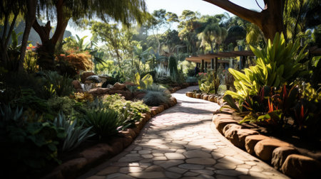 Winding pebble pathway through a vibrant botanical paradise in daylight.
