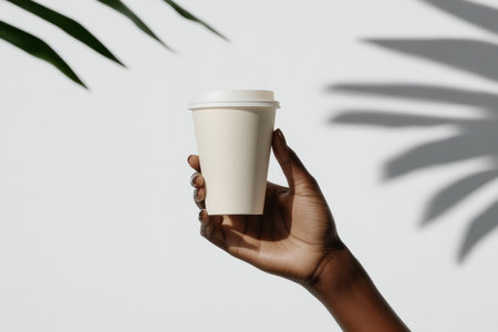Minimalist hand holding a biodegradable coffee cup in soft urban light. Generative AIの素材