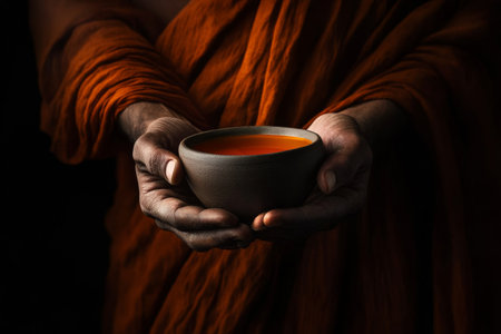 Warm earthy tones embrace the hands of an Indian Sadhu, tenderly holding a clay tea cup. This close-up captures the cultural significance and raw beauty of a meditative moment.の素材