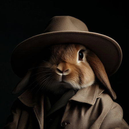 A clever bunny dons a wide-brimmed hat and trench coat, gazing intently into the dusk. This whimsical creature embodies elegance and curiosity, braving mystery under the fading light.の素材