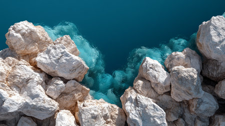 Rocky cliff edge overlooking serene turquoise waters on a sunny day. Generative AIの素材