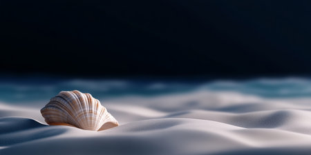 A soft white sand landscape cradles a beautiful shell, illuminated gently as twilight descends. Waves can be heard in the distance, creating a serene atmosphere perfect for reflection.の素材