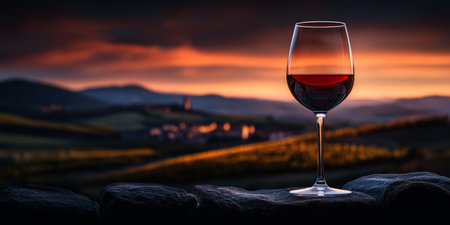 As the sun sets behind rolling hills, a glass of rich red wine captures the warm glow of twilight against a rustic stone backdrop, inviting tranquility and reflection in a serene vineyard.の素材