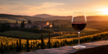 A crystal glass of rich red wine stands elegantly on a rustic stone surface, basking in the warm glow of a sunset. Lush vineyards stretch in the background, creating a tranquil atmosphere.の素材