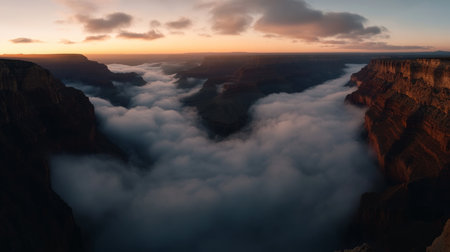 Soft clouds drift gracefully over a jagged mountain ridge, their shadows deepening as the sun sets behind the peaks, creating a tranquil and enchanting atmosphere at twilight.の素材