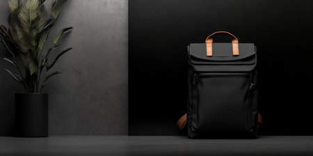 A sleek travel backpack stands alone in a contemporary space, with a dark wall enhancing its minimalist design. The wooden straps add a touch of elegance to the setting.の素材