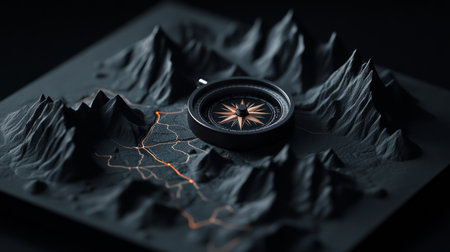 A beautifully detailed mountain map showcases its textured surface with a compass positioned at the center, emphasizing the intricate paths and elevation changes, all under a soft studio light.の素材