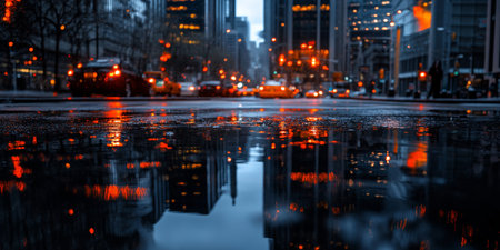 City lights dazzle in vibrant hues, mirrored on rain-soaked streets as evening settles in. Skyscrapers loom, creating a mesmerizing urban landscape filled with life and energy.の素材