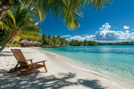 Relaxation awaits on a beautiful tropical beach where soft sand meets turquoise waters. Sunlight dances across the waves, inviting visitors to unwind under the palm trees and enjoy nature.の素材