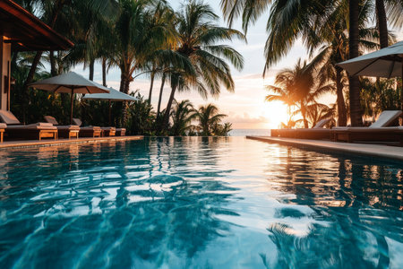 Glistening waters of a magnificent infinity pool reflect the colors of a vibrant sunset. Palm trees frame the serene landscape, inviting relaxation and tranquility by the sea.の素材