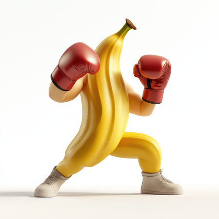 A muscular anthropomorphic banana, donned in boxing gloves, showcases its impressive physique while striking a confident pose. The vibrant atmosphere suggests an energetic training session.の素材